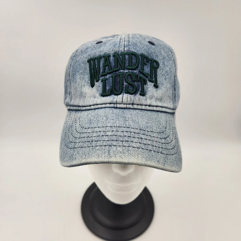 Wanderlust Embroidered‎ Acid Wash Denim Baseball Cap Blue Green Adjustable NEW